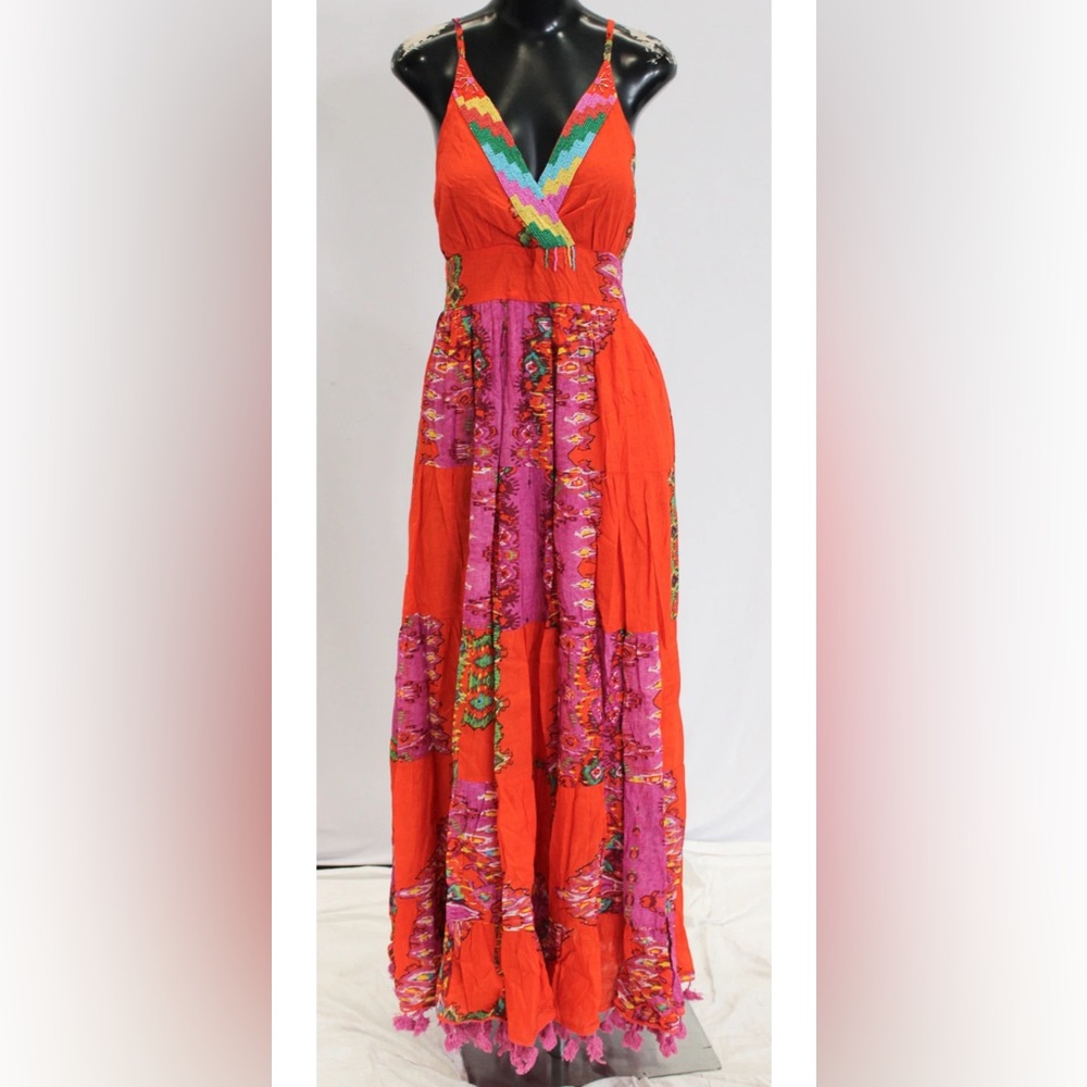 Anthropologie Barok Paris Beaded Tiered Maxi Dress Orange Pink Boho Small - Picture 10 of 14